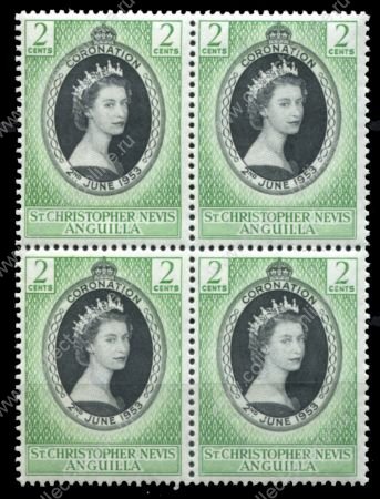 Сент-Китс, Невис и Ангилья 1953 г. • Gb# 106 • 2 c. • Коронация Елизаветы II • MNH OG XF • кв.блок