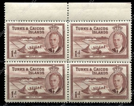 Теркс и Кайкос 1950 г. • Gb# 222 • 1 d. • Георг VI • основной выпуск • кв. блок • MNH OG XF+ • ( кат.- £4+ )