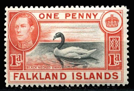 Фолклендские о-ва 1938-1950 гг. • Gb# 147a • 1 d. • Георг VI • основной выпуск • Черношейный лебедь • оранж.-красная • MNH OG VF ( кат. - £3.75 )