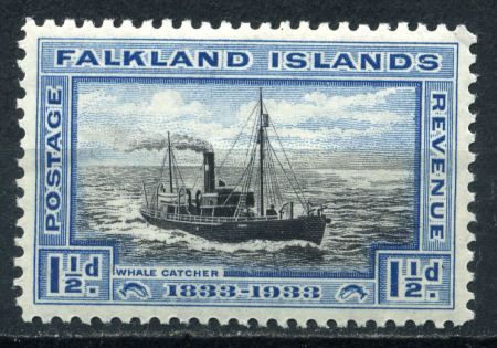 Фолклендские о-ва 1933 г. • Gb# 129 • 1 ½ d. • 100-летие Британской администрации • китобойное судно "Бренсфилд" • MH OG XF ( кат.- £20 )
