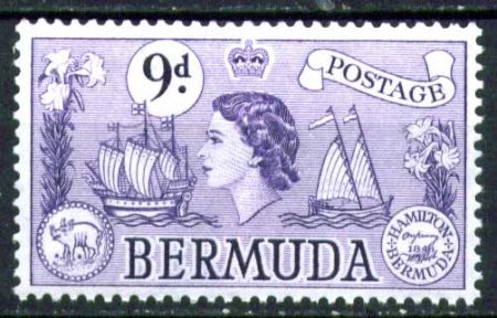 Бермуды 1953-1962 гг. • Gb# 143b • 9 d. • Елизавета II • осн. выпуск • парусники • MNH OG VF ( кат. - £11 )