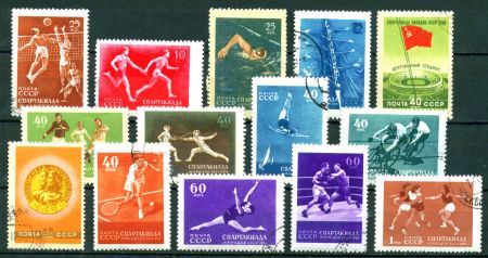 СССР 1956 г. • Сол# 1910-23 • 10 коп. - 1 руб. • Спартакиада народов СССР • полн. серия (14 марок) • Used(ФГ) OG VF