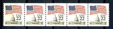 США 1985 г. • SC# 2115 • 22 c. • Капитолий и флаг • из рулона • сцепка 5 м. • MNH OG VF