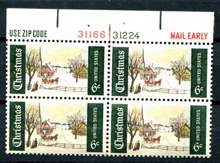 США 1969г. SC# 1384 / РОЖДЕСТВО MNH OG VF кв. блок / АРХИТЕКТУРА