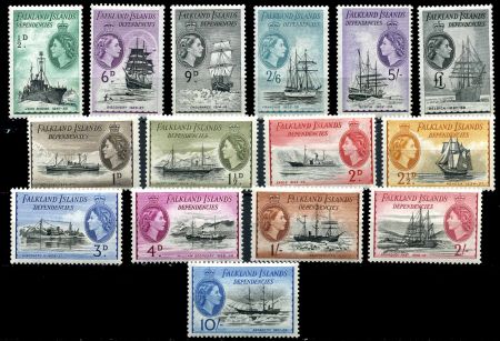 Фолклендские о-ва • Зависимые территории 1954-62 гг. • Gb# G26-40 • ½ d. - £1  • Исследование Антарктики (корабли) • MH OG XF ( кат.- £225 )