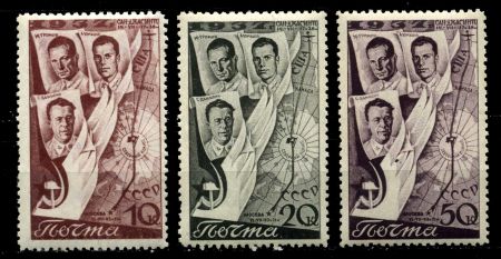 СССР 1938 г. • Сол# 599-601 • 10 - 50 коп. • 2-й перелет СССР-США • маршрут и летчики • MNH OG VF