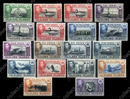 Фолклендские о-ва 1938-1950 гг. • Gb# 146-63 • Георг VI основной выпуск • ½ d. - £1 • фауна и виды островов • полн. серия(19 м.) • MLH OG XF • полн. серия ( кат.- £475 )