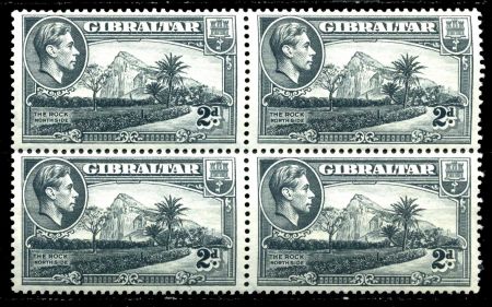 Гибралтар 1938-1951 гг. • Gb# 124b • 2 d. • Георг VI • основной выпуск (перф: 13) • скала Гибралтар(вид с севера) • кв. блок • MNH OG VF ( кат. - £10+ )