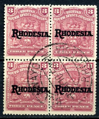 Родезия 1909-1912 гг. • Gb# 104 • 3 d. • герб колонии • надпечатка • "Rhodesia." • стандарт • кв. блок • Used VF ( кат.- £ 12 )