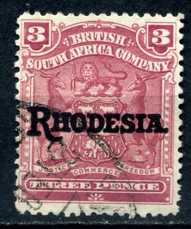 Родезия 1909-1912 гг. • Gb# 104 • 3 d. • герб колонии • надпечатка • "Rhodesia." • стандарт • Used VF ( кат.- £ 3 )