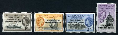 Фолклендские зависимые территории 1956 г. • Gb# G41-4 • Антарктическая экспедиция 1955-1958 гг • надпечатки •