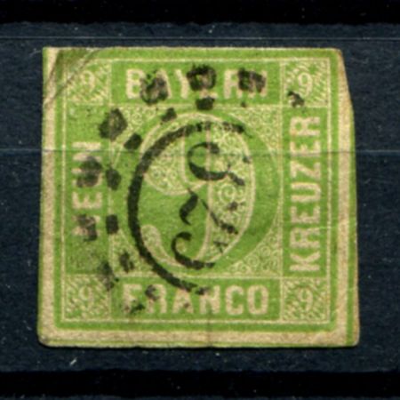 Бавария 1850-1858 гг. • Mi# 5 • 9 kr. • цифра в орнаменте • Used VF ( кат.- € 20 )