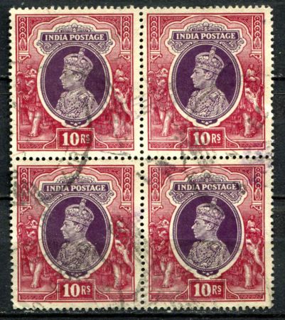 Индия 1937 - 1940 гг. • Gb# 262 • 10 R. • Георг VI • основной выпуск • кв. блок • Used VF