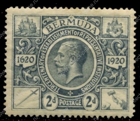 Бермуды 1921 г. • Gb# 68 • 2 d. • 300-летие губернаторства на островах • Георг V • MH OG VF ( кат. - £12 )