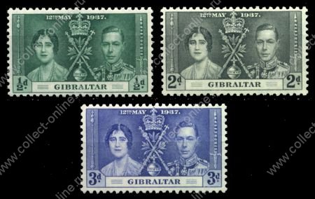 Гибралтар 1937 г. • Gb# 118-20 • ½ - 3 d. • Коронация • полн. серия • MNH OG VF ( кат. - £5 )