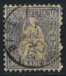 Швейцария 1867-1878 гг. • SC# 56 • 30 r. • сидящая "Швейцария" (простая бум.) • стандарт • Used VF ( кат. - $10 )