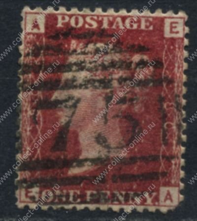 Великобритания 1858-1879 гг. • Gb# 44 (pl. 80) • 1 d. • Королева Виктория • Used VF- ( кат.- £3 )