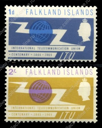 Фолклендские о-ва 1965 г. • Gb# 219-20 • 1 d. и 2 sh. • 100 лет Международному Телекоммуникационному Союзу(ITU) • полн. серия • MNH OG VF