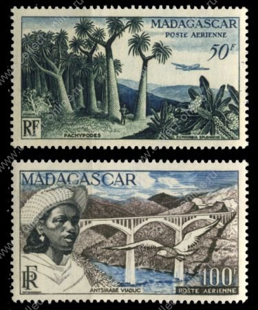 Мадагаскар 1954 г. • Iv# A75-6 • 50 и 100 fr. • авиапочта • MNH OG* XF ( кат.- €15 )