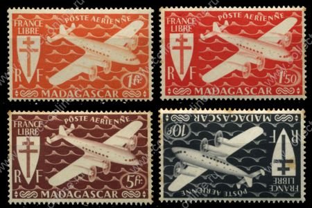 Мадагаскар 1943 г. • Iv# A55-8 • 1 - 10 fr. • самолет над океанскими волнами • авиапочта • MNH OG VF