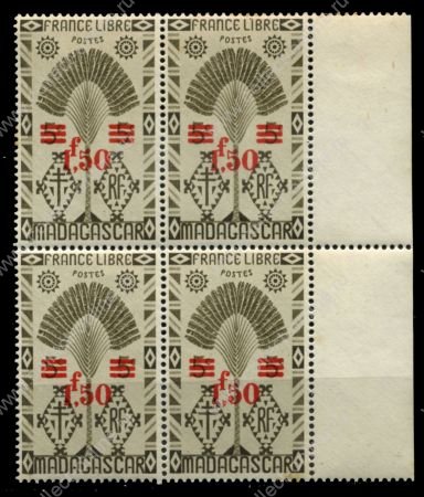 Мадагаскар 1944 г. • Iv# 286 • 1.50 fr. на 5 c. • осн. выпуск • надпечатка нов. номинала • кв. блок • MNH OG* VF ( кат. - €4 )