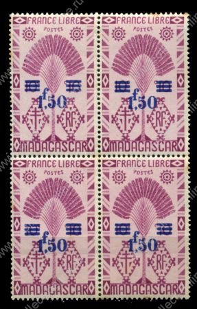 Мадагаскар 1944 г. • Iv# 287 • 1.50 fr. на 10 c. • осн. выпуск • надпечатка нов. номинала • кв. блок • MNH OG* VF ( кат. - €6 )