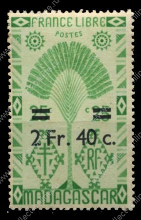 Мадагаскар 1945 г. • Iv# 294 • 2.40 fr. на 25 c. • осн. выпуск • надпечатка нов. номинала • MNH OG* VF