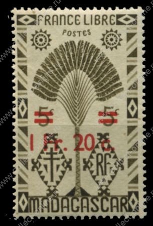 Мадагаскар 1945 г. • Iv# 293 • 1.20 fr. на 5 c. • осн. выпуск • надпечатка нов. номинала • MNH OG* VF