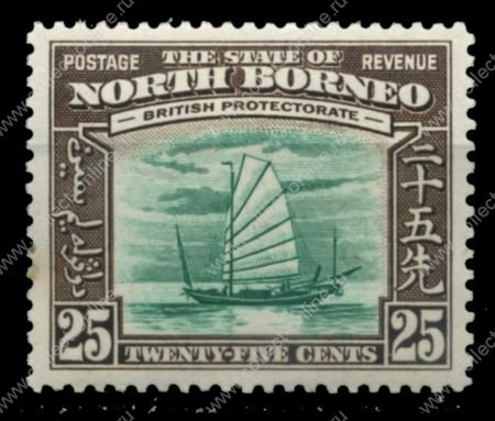 Северное Борнео 1939 г. Gb# 313 • 25 c. • Георг VI • осн. выпуск • Виды и фауна • национальное парусное судно • MH OG VF ( кат. - £40 )