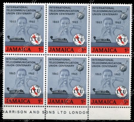 Ямайка 1965 г. • GB# 247 • 1 sh. • 100-летие ВТС(ITU) • MNH OG XF+ • блок 6 марок