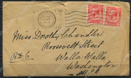 Великобритания 1930 г. • GB# 419 • 1 d.(2) • на конверте(с письмом) Глостер-Вашингтон(США) • Used VF-