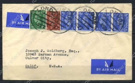 Великобритания 1937- г. • GB# 462,4,466(4) • Ѕ, 1 Ѕ и 2 ½ d. • на конверте в Калифорнию(США) • авиапочта • Used XF
