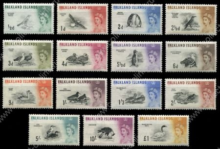 Фолклендские о-ва 1960-1966 гг. • Gb# 193-207 • ½ d. - £1 • Елизавета II основной выпуск • Птицы • полн. серия • MH OG XF ( кат.- £170- )