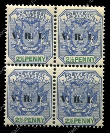 Трансвааль 1900 г. Gb# 229 • 2 1/2 d. • надпечатка "V.R.I." • герб колонии • MNH OG XF • кв.блок ( кат.- £5 )