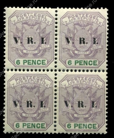 Трансвааль 1900 г. Gb# 232 • 6 d. • надпечатка "V.R.I." • герб колонии • MNH OG XF • кв.блок ( кат.- £15 ) 