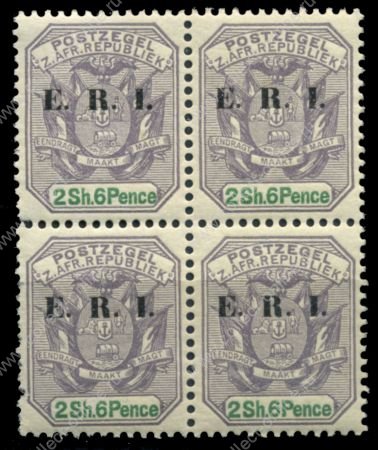 Трансвааль 1901-2 гг. Gb# 242 • 2s.6d. • надпечатка "E.R.I." (концовка серии) • герб колонии • MNH OG XF • кв.блок ( кат.- £45 )