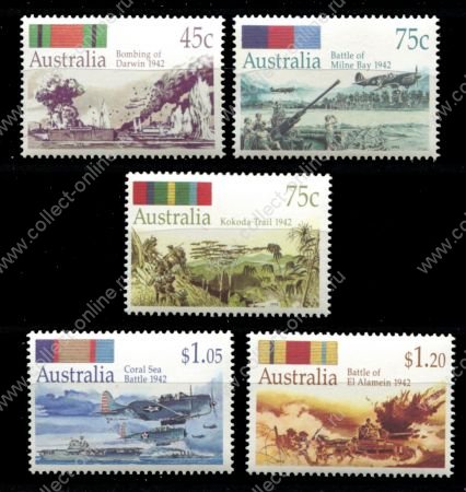 Австралия 1992 г. • Sc# 1253-1257 • 45 c. - $1.20 • Битвы и сражения Второй мировой • полн. серия • MNH OG VF ( кат. - $10 )