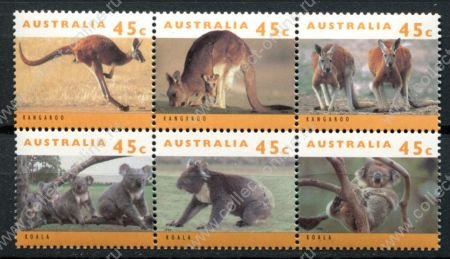 Австралия 1992 г. • Sc# 1274b-1279e • 45 c.(6) • дикие животные(кенгуру и коалы) • блок 6 марок • MNH OG VF ( кат. - $8 )