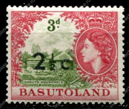 Басутоленд 1961 г. • Gb# 61 • 2½ c. на 3 d. • Елизавета II • основной выпуск • надпечатка(тип I) нов. номинала в центах • MH OG VF