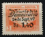 Боливия 1950 г. • SC# C137 • 1.40 на 3 b. • 1-я годовщина окончания гражданской войны (надпечатка) • авиапочта • MH OG VF