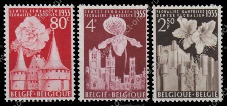 Бельгия 1955 г. • Mi# 1010-1012 • выставка цветов, Гент • цветы и замки • полн. серия • MNH OG VF ( кат.- € 12 )