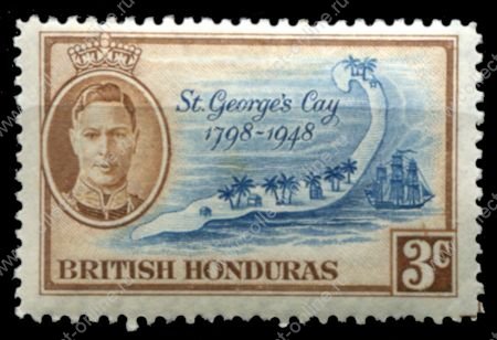 Британский Гондурас 1949 гг. • Gb# 167 • 3 c. • 150-летие битвы у рифа св. Георгия • карта острова • MNH OG VF