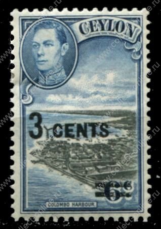 Цейлон 1940-1941 гг. • Gb# 398 • 3 c. на 6 c. • Георг VI • основной выпуск • надпечатка нов. номинала • MNH OG F-VF ( кат. - £1.50 )