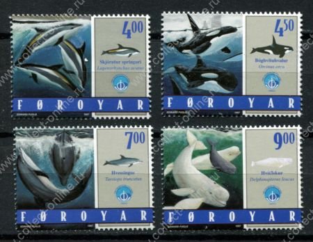 Фарерские о-ва 1997 г. • Mi# 334-337 • 4 - 9 Kr. • Киты и дельфины • полн. серия • MNH OG VF ( кат. - €8 )