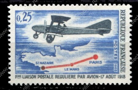 Франция 1968 г. • Mi# 1632 • 0.25 fr. • 50 лет 1-го регулярного почтового авиарейса • MNH OG VF