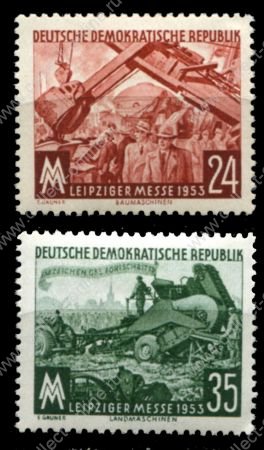 ГДР 1953 г. • Mi# 380-1 • 24 и 35 pf. • Выставка-ярмарка в Лейпциге • строительная и сельскохозяйственная техника • полн. серия • MH OG VF
