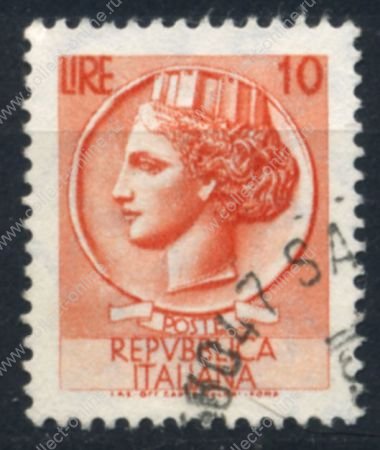 Италия 1955-58 гг. SC# 676 • 10 L. • "Италия", аверс древней монеты Сиракуз • стандарт • Used F - VF