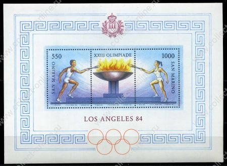 Сан-Марино 1984 г. • Sc# 1068 • 550 + 1000 L. • Летние Олимпийские игры • Лос-Анджелес • MNH OG VF • блок
