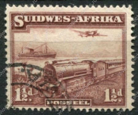 Юго-западная Африка 1937 г. • Gb# 96 • 1½ d. • доп. выпуск • паровоз, самолет, пароход • афр. текст • Used F-VF