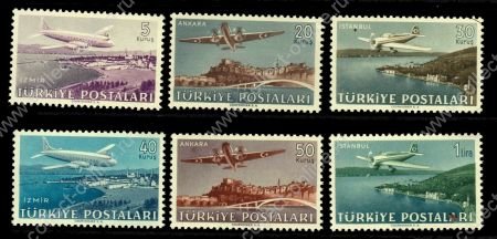 Турция 1949 г. • SC# С12-17 • 5 k. - 1 L. • Самолёты над турецкими городами • авиапочта • полн. серия • MNH OG VF ( кат. - $7 )